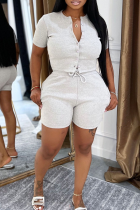 Grey Casual Solid Color Buckle O Neck Short Sleeve Two Pieces