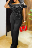 Black Sexy Solid Color Irregular Flounce Off Shoulder T-Shirts
