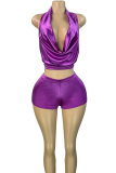 Pink Sexy Solid Color Backless Strap Design Halter Sleeveless Two Pieces