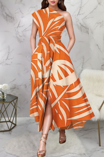 Tangerine Red Casual Print Pocket Oblique Collar Long Dresses