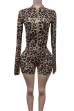 Dark Brown Casual Sportswear Leopard Print Zipper Zipper Collar Long Sleeve Two Pieces