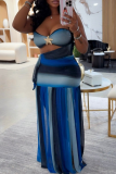 Blue Sexy Stripe Hollow Out Strapless Sleeveless Two Pieces