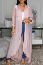 Pink Casual Solid Color See-Through Cardigan Collar Outerwear