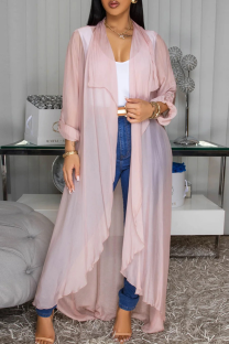 Pink Casual Solid Color See-Through Cardigan Collar Outerwear