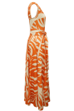 Tangerine Red Casual Print Pocket Oblique Collar Long Dresses