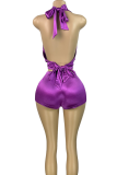 Pink Sexy Solid Color Backless Strap Design Halter Sleeveless Two Pieces