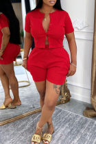 Red Casual Solid Color Buckle O Neck Short Sleeve Two Pieces
