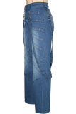 Blue Casual Solid Color Rivets Mid Waist Regular Denim Jeans