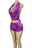 Pink Sexy Solid Color Backless Strap Design Halter Sleeveless Two Pieces
