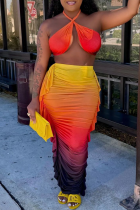 Yellow Sexy Ombre Print Ruched Flounce Sleeveless Two Pieces