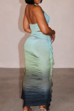 Brown Sexy Ombre Print Ruched Flounce Sleeveless Two Pieces