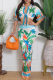 Green Casual Vacation Print Strap Design Turndown Collar Half Sleeve Two Pieces