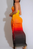 Brown Sexy Ombre Print Ruched Flounce Sleeveless Two Pieces