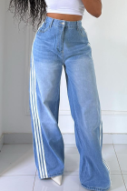 Blue Casual Stripe Contrast High Waist Loose Denim Jeans