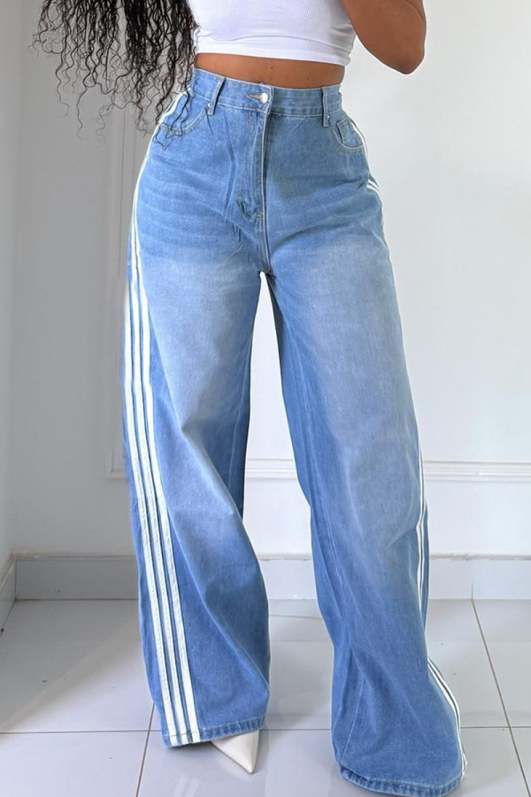 Blue Casual Stripe Contrast High Waist Loose Denim Jeans