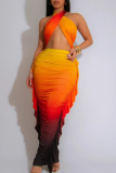 Brown Sexy Ombre Print Ruched Flounce Sleeveless Two Pieces