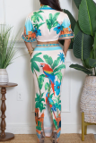 Green Casual Vacation Print Strap Design Turndown Collar Half Sleeve Two Pieces
