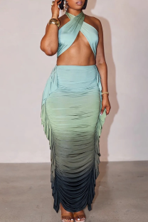 Blue Sexy Ombre Print Ruched Flounce Sleeveless Two Pieces