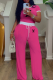 Rose Red Casual Letters Contrast O Neck Short Sleeve Two Pieces