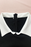 Black Casual Digital Contrast Turndown Collar Wrapped Skirt Plus Size Dresses
