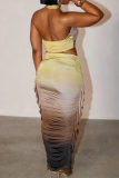Brown Sexy Ombre Print Ruched Flounce Sleeveless Two Pieces