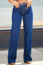 Blue Casual Solid Color Pocket Regular Denim Jeans