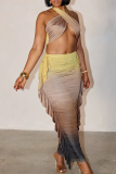 Brown Sexy Ombre Print Ruched Flounce Sleeveless Two Pieces