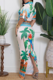 Green Casual Vacation Print Strap Design Turndown Collar Half Sleeve Two Pieces