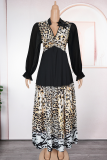 Black Casual Elegant Leopard Print Patchwork V Neck Long Plus Size Dresses