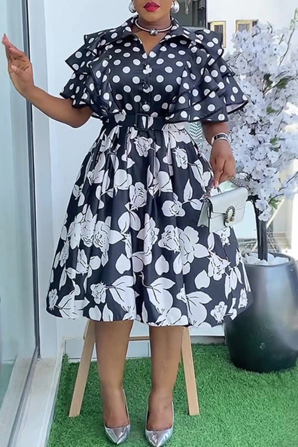 Black Casual Print Buckle With Belt Turndown Collar A Line Plus Size Dresses