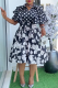 Black Casual Print Buckle With Belt Turndown Collar A Line Plus Size Dresses