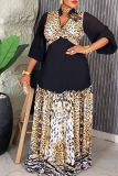 Black Casual Elegant Leopard Print Patchwork V Neck Long Plus Size Dresses