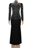 Black Elegant Solid Color Hot Drill Zipper Turtleneck Long Dresses