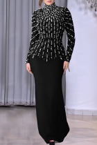Black Elegant Solid Color Hot Drill Zipper Turtleneck Long Dresses