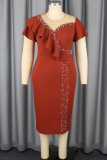 Brick Red Elegant Solid Color Hot Drill Flounce O Neck Wrapped Skirt Dresses