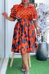Orange Casual Print Buckle With Belt Turndown Collar A Line Plus Size Dresses