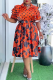 Orange Casual Print Buckle With Belt Turndown Collar A Line Plus Size Dresses