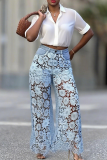 Blue Sexy Solid Color Lace Mid Waist Loose Denim Jeans