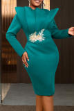 Lake Green Elegant Solid Color Embroidered O Neck Wrapped Skirt Dresses