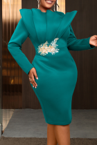 Lake Green Elegant Solid Color Embroidered O Neck Wrapped Skirt Dresses