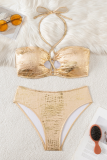 Gold Sexy Solid Color Hollow Out Swimwears