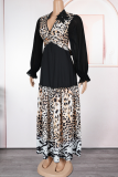 Black Casual Elegant Leopard Print Patchwork V Neck Long Plus Size Dresses