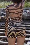 Khaki Sexy Print Stringy Selvedge O Neck Long Sleeve Two Pieces