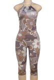 Green Sexy Print Backless Halter Skinny Jumpsuits