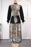 Black Casual Elegant Leopard Print Patchwork V Neck Long Plus Size Dresses