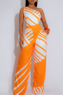 Orange Casual Print Pocket Oblique Collar Loose Jumpsuits(No Pockets)