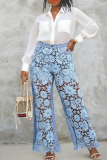 Blue Sexy Solid Color Lace Mid Waist Loose Denim Jeans