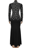 Black Elegant Solid Color Hot Drill Zipper Turtleneck Long Dresses