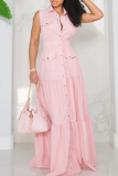 Pink Casual Solid Color Buckle Turndown Collar Long Dresses
