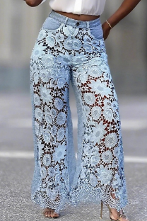 Blue Sexy Solid Color Lace Mid Waist Loose Denim Jeans